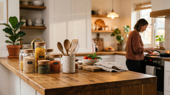 Woman cooks in a bright kitchen, stirring food in a pan, with ne
