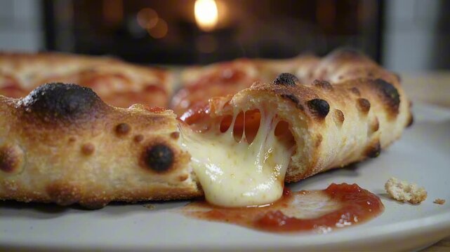 Stuffed crust pizza slice edge revealing hidden molten cheese stretching in glossy strings. Macro view of golden blistered crust with char spots and a tomato sauce smear.