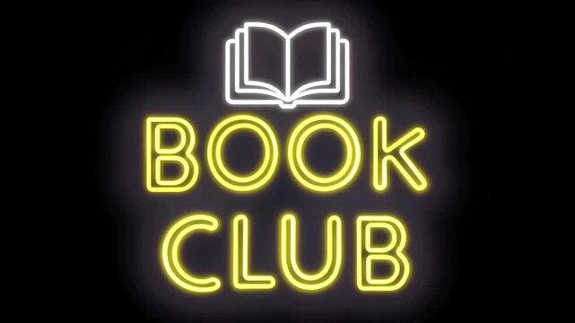 Book club neon sign glowing brightly with yellow text and a white open book icon against a dark black background, representing reading, literature, and education concepts.