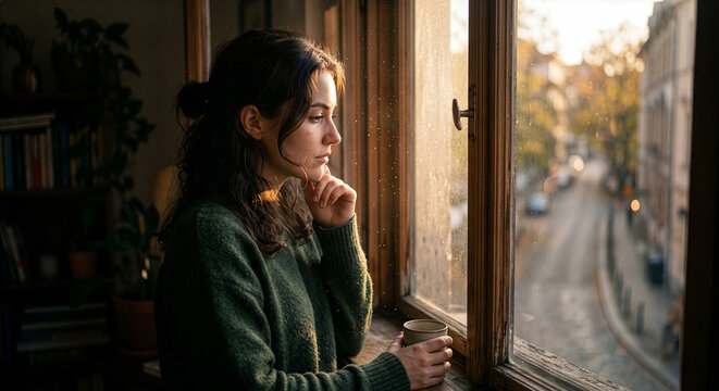 Intimes Portr&auml;t: Nachdenkliche junge Frau mit Kaffeetasse blickt im goldenen Sonnenlicht aus dem Fenster