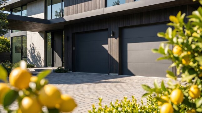 modern two-car garage door on a stylish contemporary home exterior, captured during a bright sunny day, illustrating the concept of suburban real estate and functional architecture.