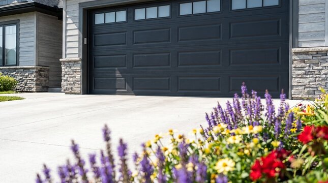  modern car garage door on a stylish contemporary home exterior, captured during a bright sunny day, illustrating the concept of suburban real estate and functional architecture.