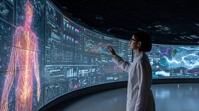 detailed photorealistic wide shot inside a clean data center processing complex medical AI algorithms and data visualizations