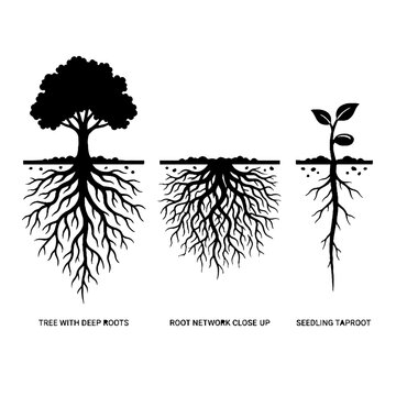 Set of black and white illustrations showing tree with deep roots seedling taproot and root network.