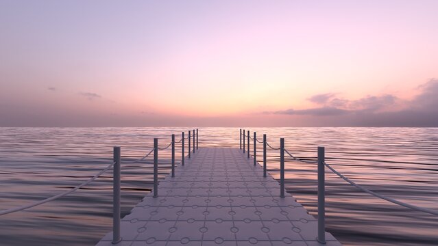 Floating Modular Dock Extending into the Ocean at Pink Sunset