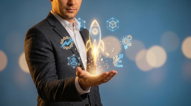Business startup concept with glowing rocket launch icon, entrepreneur holding digital hologram of space ship, innovation and growth technology