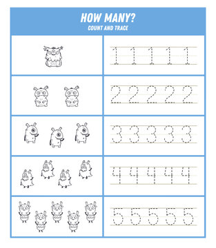 Count and trace numbers 5 to 9 worksheet with cute black and white monsters. Printable preschool math activity for kids. Vector illustration.