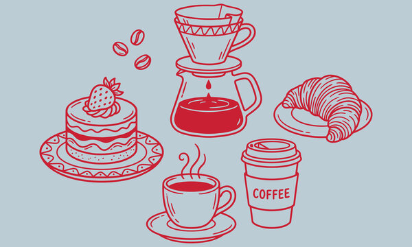 Red line drawing of coffee and pastry items on gray background