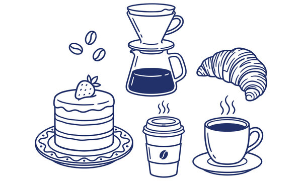 A set of coffee and pastry line art illustrations including cake and croissant