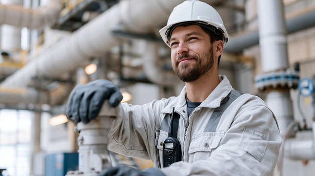 Paper mill bleach plant operator adjusting chlorine dioxide dosing pump inside chemical building, personal gas detector on belt, corrosion-resistant piping overhead, pulp brightening process control