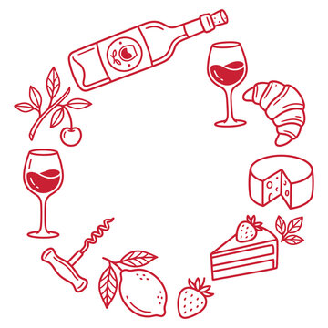 Red wine and food icons in a circle on white background including bottle glasses croissant cheese cake fruits