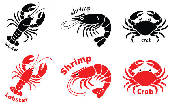 Seafood icons set with lobster shrimp and crab in black and red colors