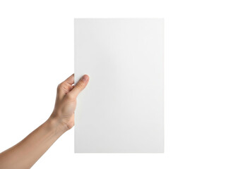 Fototapeta premium Human hand holding a blank vertical white sheet of paper or document isolated on transparent background