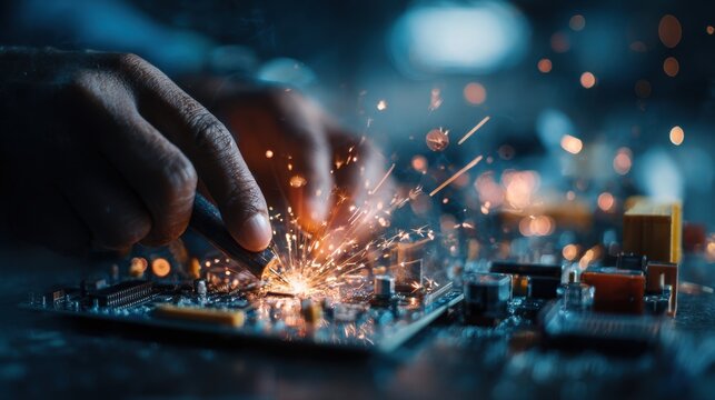 Skilled technician soldering electronic components on a circuito board with sparks flying in a dimly lit workshop environment showcasing precision and craftsmanship