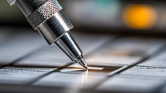 Macro shot of a silver pen tip filling in a checkbox on a printed form, highlighting precision and attention to detail in paperwork tasks