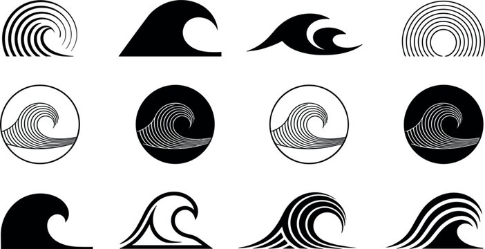 Abstract Ocean Wave Logo Collection Vector Set with Minimal Sea Surf Symbols and Modern Nautical Design Elements