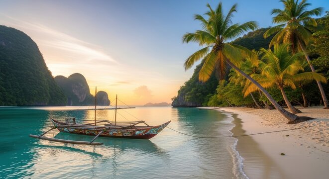 A tranquil sunrise paints the idyllic tropical shoreline, showcasing a traditional outrigger canoe gently resting on the calm turquoise water.