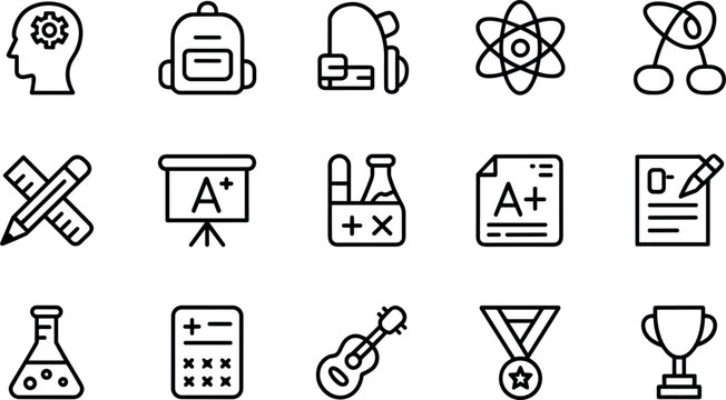 Education and Academic Outline Icon Set Featuring Science Mathematics Backpack Trophy Chemistry and Learning Resource Symbols