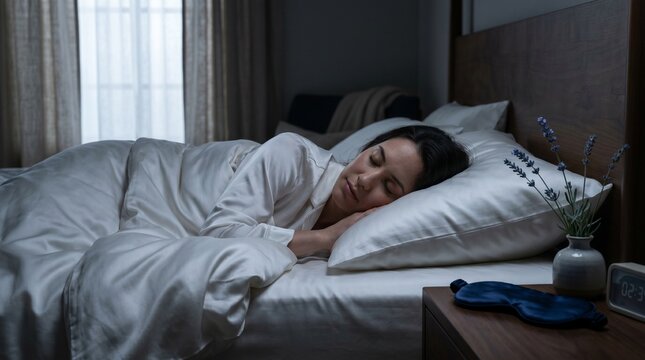 Woman peacefully sleeping in a comfortable bed with silk sheets and a lavender sprig on the nightstand