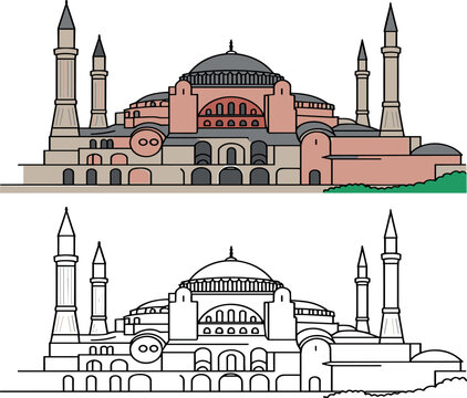 Hagia Sophia Mosque Vector Illustration Set with Colored and Outline Architectural Landmark Design for Travel and Cultural Projects