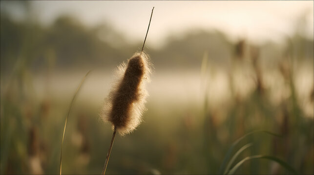 Close-up of a cotton grass seed head in a misty wetland