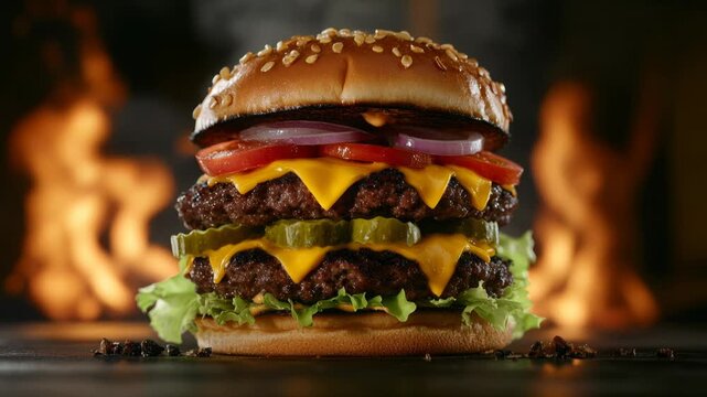 juicy stacked burger against flames close-up of multi-patty cheeseburger with melting cheese, sesame bun, lettuce, onion and ketchup, sizzling on grill