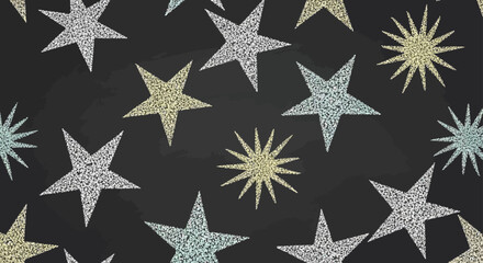 Obraz premium chalkboard stars and sparkling textured sunbursts create a festive holiday pattern on a dark background ideal for christmas design.