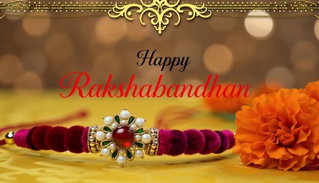 Happy Raksha Bandhan festival greeting motion graphic vector video loop with elegant traditional red rakhi thread, pearl beads, and marigold flower background