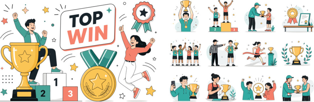 Champion Trophy Awards. Clean editorial banner scene with two happy winners and an oversized gold trophy cup beside an oversized award medal, ribbon badge, star sparkles, podium block, and victory