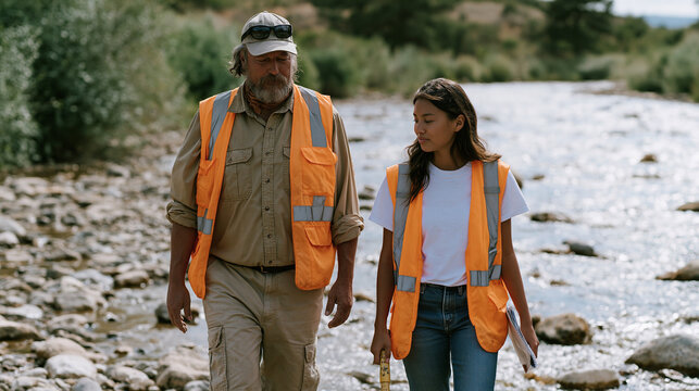 Intergenerational environmental audit walk with veteran compliance manager guiding young environmental scientist along creek buffer zone adjacent to manufacturing property, soil probe and field note