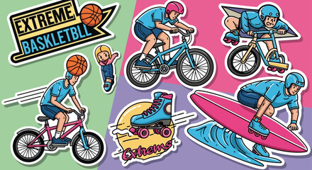 Fototapeta premium extreme sports cartoon illustration featuring diverse outdoor activities like cycling rollerblading and surfing for active lifestyle designs