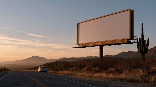 Highway billboard outdoor advertising mockup above sun-scorched Arizona scrubland at dusk, heat haze distorting distance, lone pickup truck on cracked two-lane road below, saguaro silhouettes framin