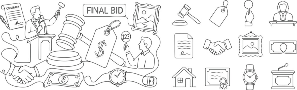 Auction Bidding Deal Banner. Clean one-line drawing banner composition showing an auction bidding scene with an auctioneer and bidder beside a large oversized gavel and oversized price tag, small