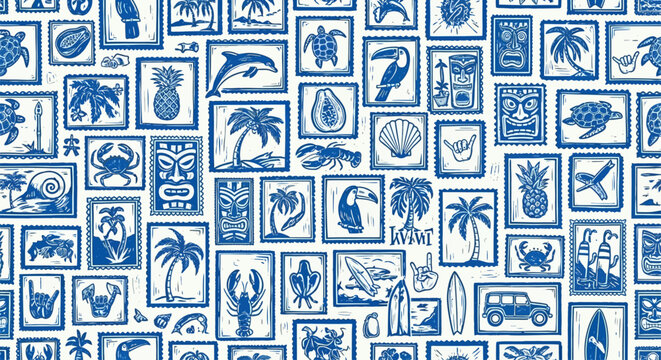 hawaiian pattern tropical design block print seamless background with diverse vintage travel elements and island symbols.