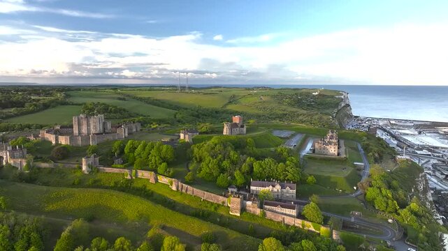 Dover Castle from a drone, White Cliffs, Dover, Kent, England