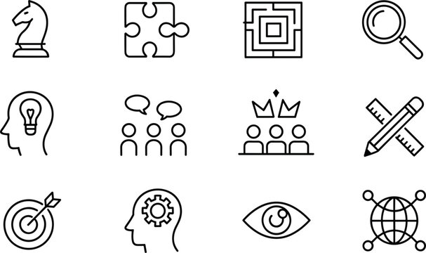 Minimalist business strategy and problem solving icon set featuring black line art of chess piece, puzzle, maze, target, and brain symbols for management apps, and startup marketing materials.