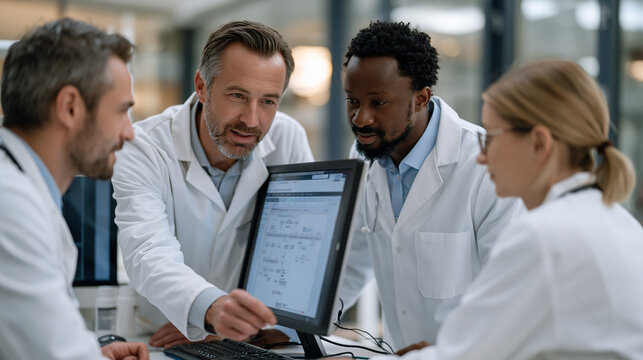 Diverse pharmacy team huddles around drug interaction screening software workstation during clinical case review, pharmacist pointing to medication pathway on screen, resident and technician listeni