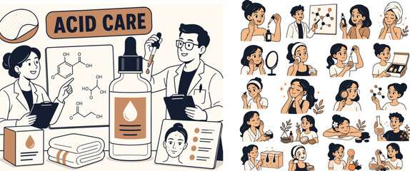 Fototapeta premium Acid Skincare Science Banner scene about acid skincare ingredients, cosmetic chemistry and exfoliation treatment, 2 expressive dermatology specialists working around one oversized serum bottle and one
