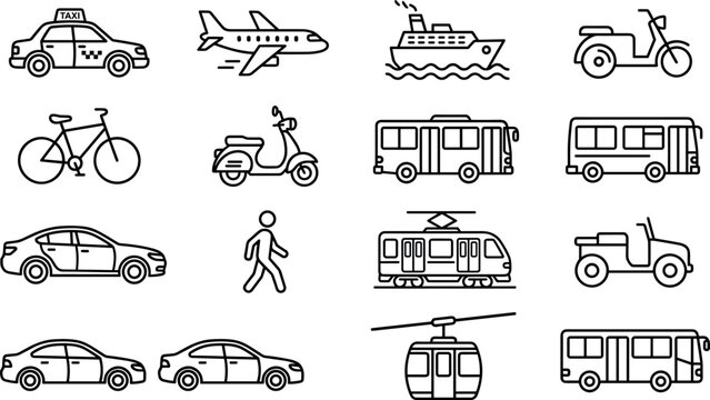 Outline Transportation and Vehicle Icon Set with Taxi, Airplane, Ship, Scooter, Bicycle, Bus, Tram, Car and Cable Car Line Vector Icons