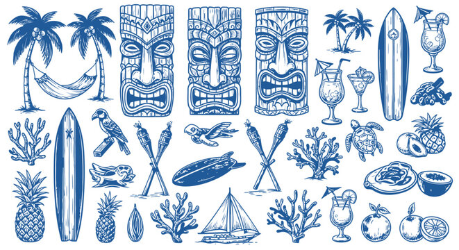 tiki masks tropical icons and hawaiian vacation elements for summer design a vintage hand-drawn illustration set of beach and island leisure.