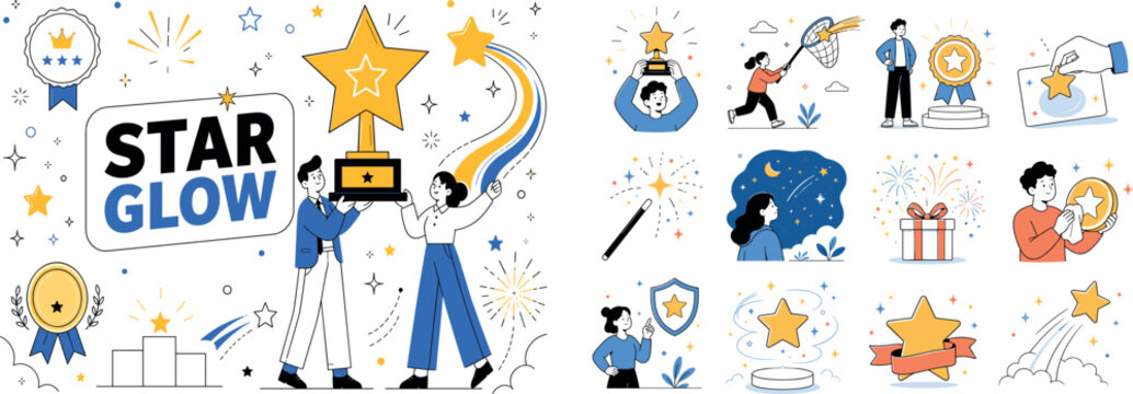 Star Shine Awards. Clean editorial banner scene about sparkle, glow, awards, and magical shine with two geometric characters holding an oversized star trophy and shooting star ribbon, burst shapes,