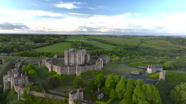 Dover Castle from a drone, White Cliffs, Dover, Kent, England