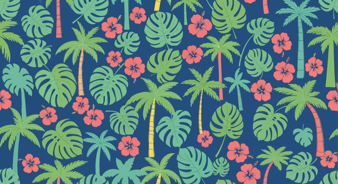 vibrant tropical pattern featuring palm trees monstera leaves and hibiscus flowers on a dark blue background perfect for summer textile design.