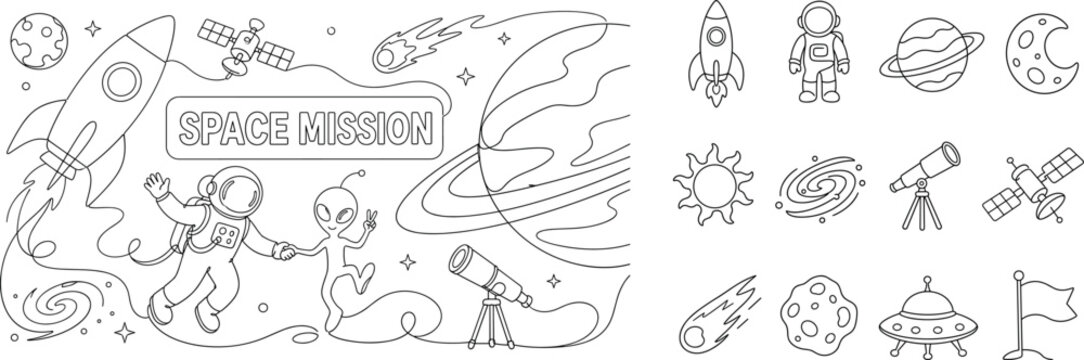 Astronomy Space Mission. Banner composition with 1 astronaut and 1 alien exploring across the full wide canvas, one oversized rocket and one oversized ringed planet reaching opposite edges, with small
