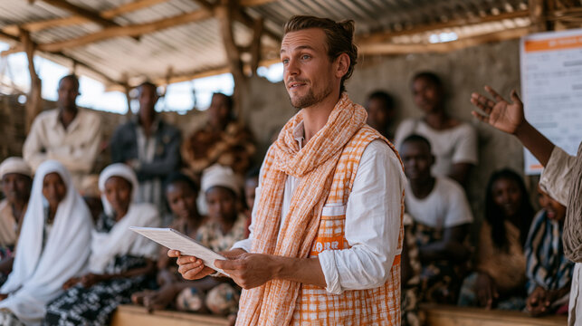 A group of international volunteers at a rural clinic on World Population Day distribute maternal health information packets to young mothers seated on wooden benches under a corrugated metal roof, 