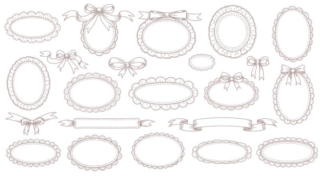vintage frames and decorative labels hand drawn with scalloped edges and ribbon bows perfect for elegant wedding invitations and craft projects.