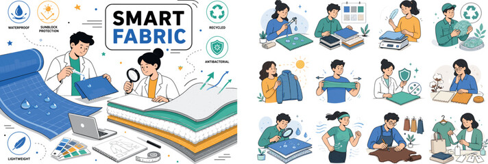 Fototapeta premium Textile Technology Benefits. Textile advantages and material technology banner with one main scene of two designers testing fabric properties on a worktable, oversized waterproof fabric roll and