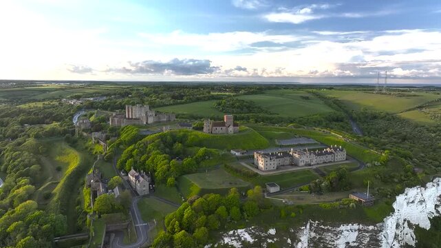 Dover Castle from a drone, White Cliffs, Dover, Kent, England