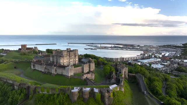 Dover Castle from a drone, White Cliffs, Dover, Kent, England