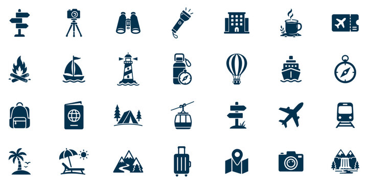 Adventure Travel and Tourism Icon Set for Outdoor Vacation Design with Camping and Navigation Icons Backpack, Airplane, Compass, Camera, Passport